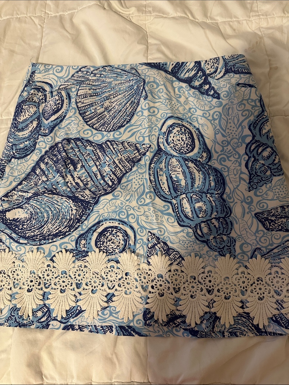 Lilly Pulitzer Blue and White Shell Print Skirt with Lace Trim